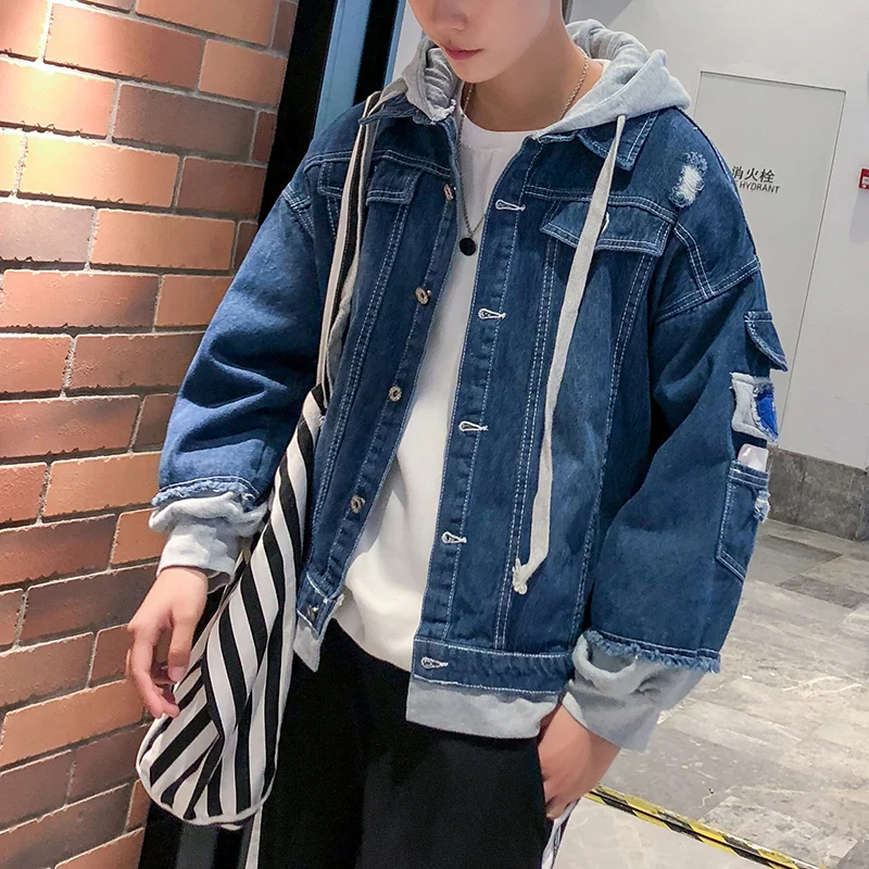 Мужская Осенняя джинсовая куртка с капюшоном однотонная Повседневная имитацией