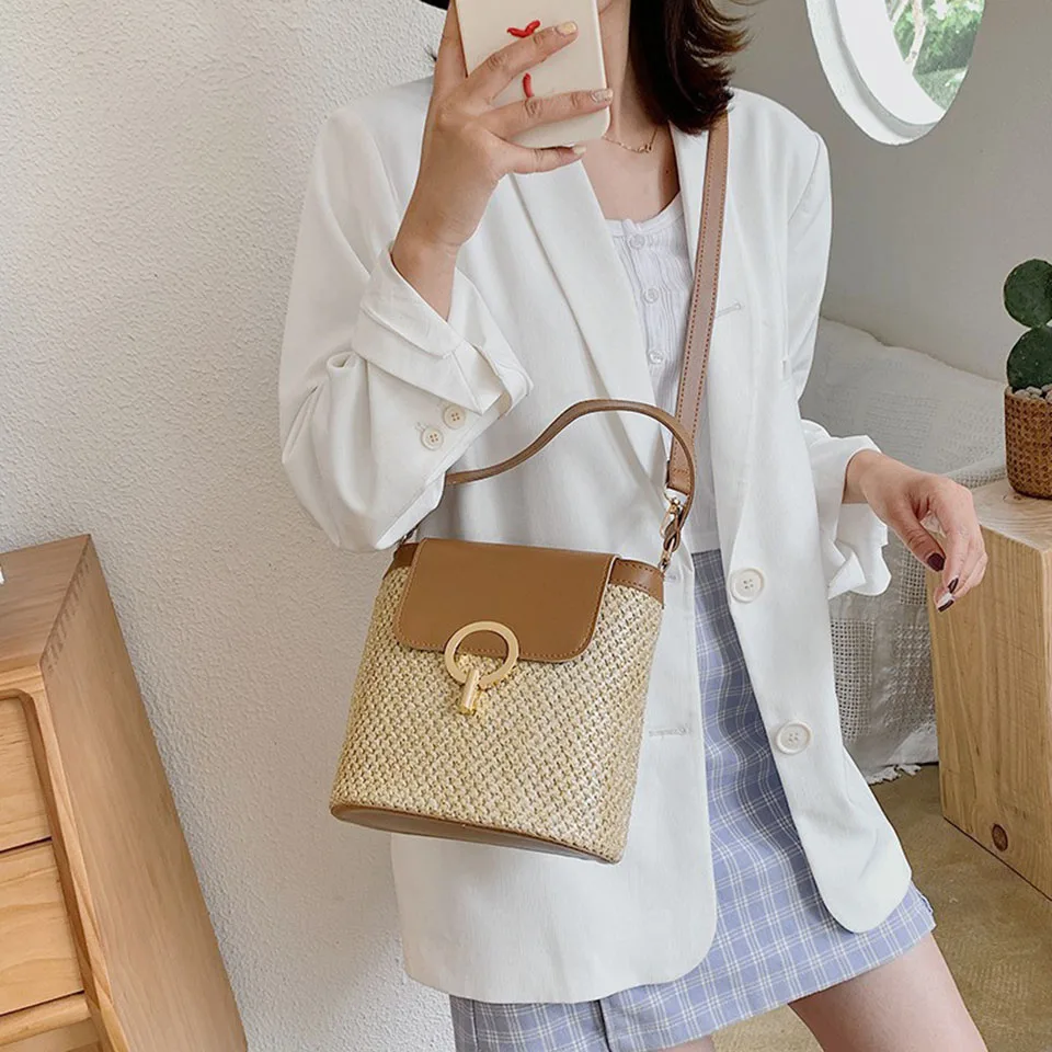 

New Straw Bags For Women Rattan Bucket Bag Summer Woven Ladies Handbag Patchwork Crossbody Shoulder Small Knitting 2021 Raffia
