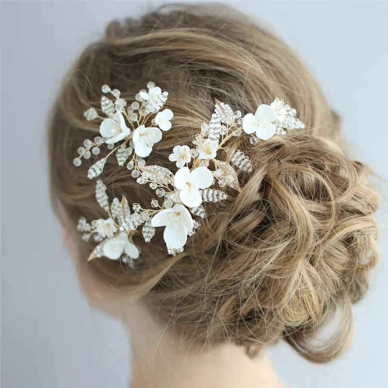 

White Porcelain Flower Hair Comb Bridal Pins Beads Wedding Hair Piece Ornament Hand Wired Women Headpiece Jewelry