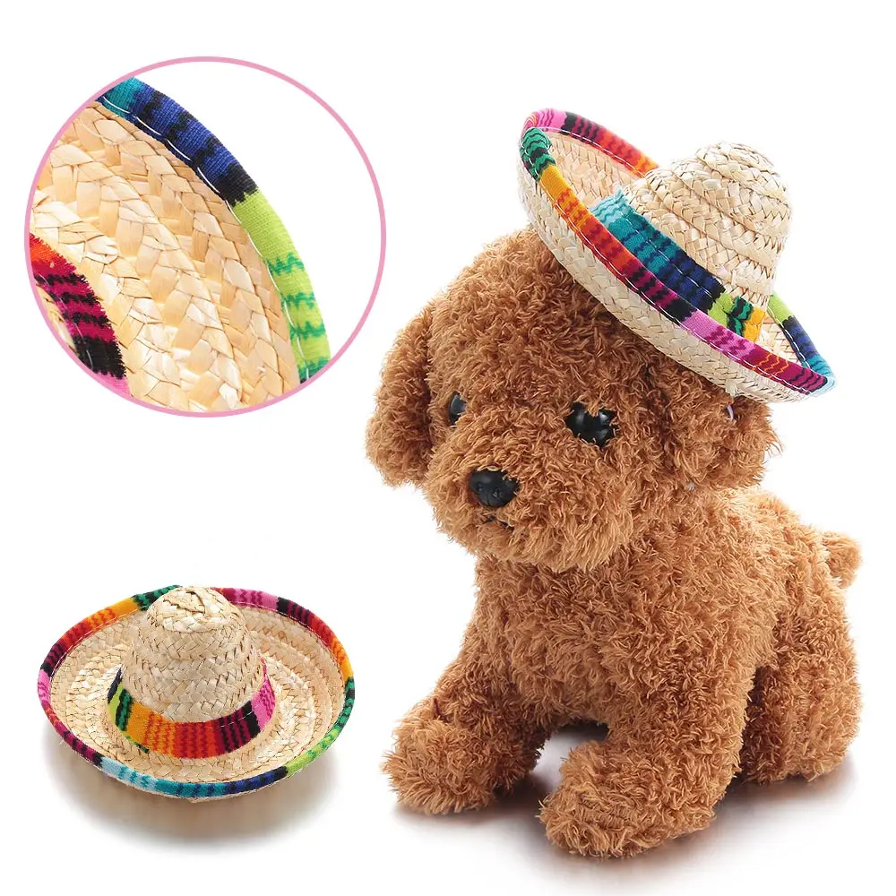 1 шт., цветная Регулируемая соломенная шляпа для домашних животных, костюм для кошек, мексиканская соломенная шляпа сомбреро с резиновой лентой, пряжка, украшения для домашних животных