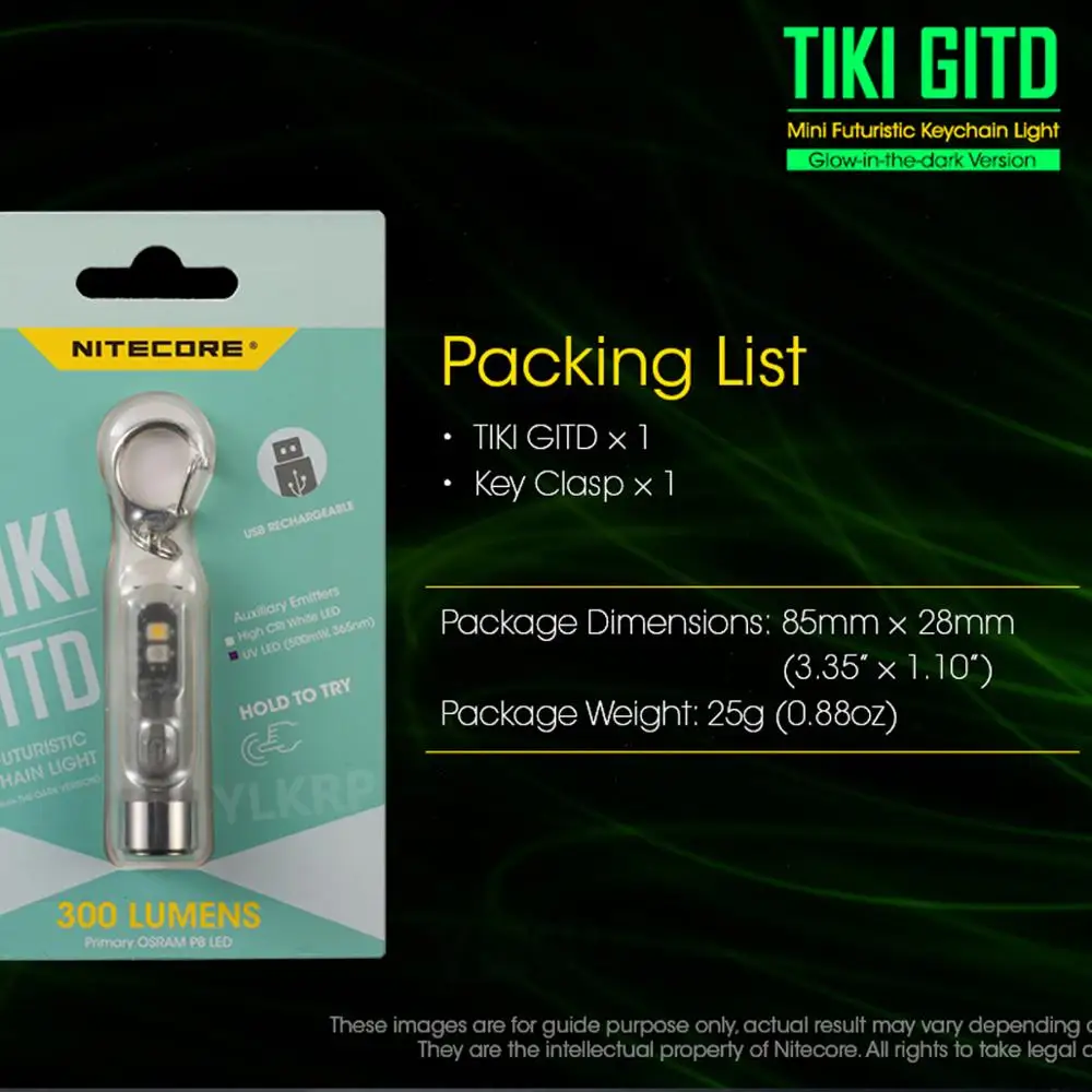 NITECORE TIKI GITD мини-футуристический светящийся в темноте Версия USB Перезаряжаемый