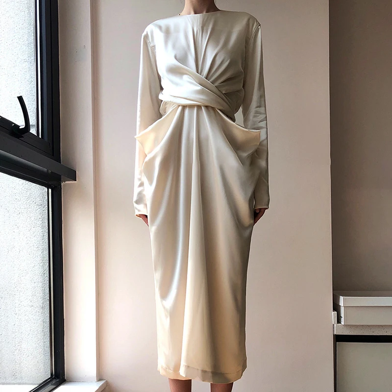 TWOTWINSTYLE винтажное одноцветное женское платье с круглым вырезом длинным рукавом