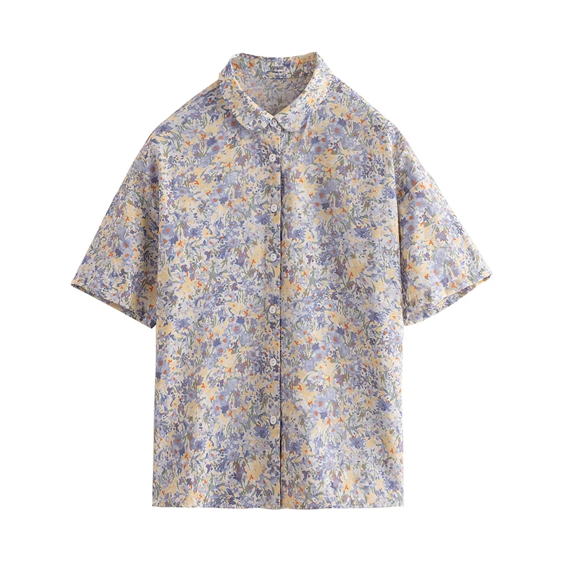 

INMAN Summer Women Blouse Pastoral Retro Round Lapel Dropped Shoulder Buttons Cardigan Oil Painting Floral Short Sleeve Shirt