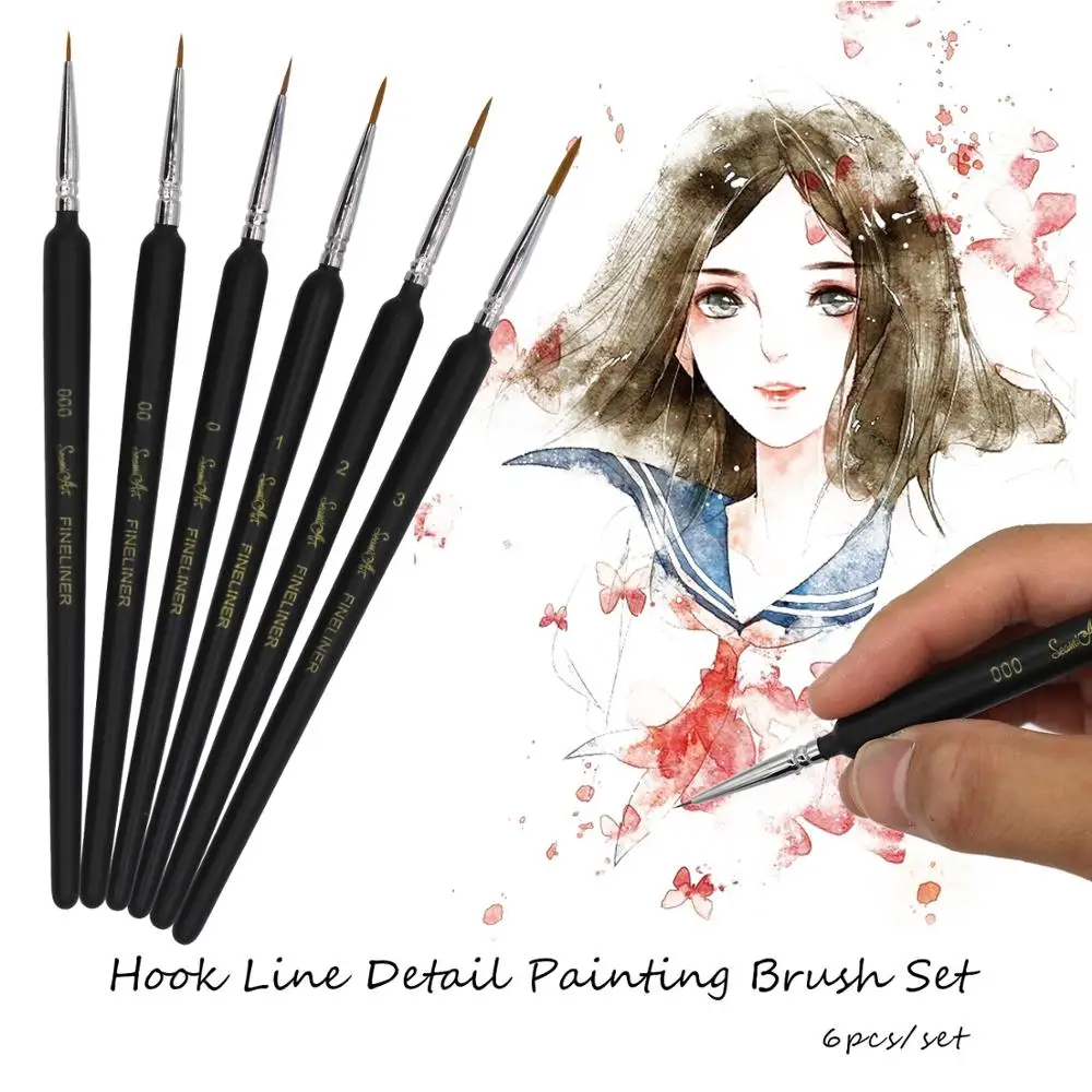 SeamiArt 6Pcs Fine Hook Line Pen Different Size 000 00 0 1 2 3 Paint Brush Artist Gouche Watercolor Acrylic Painting Supplies | Канцтовары