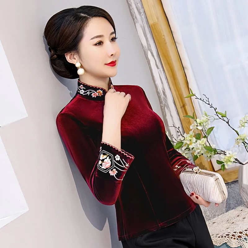 2019 новый осенне-зимний бархатный топ Cheongsam тонкий длинный рукав Ретро стиль
