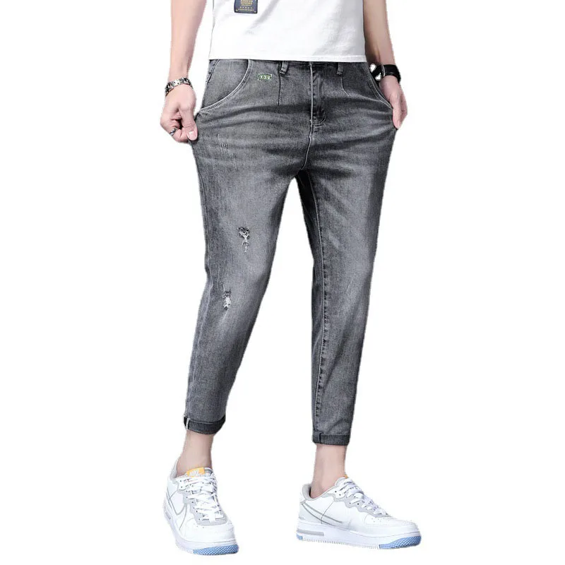 

2021 Spring Summer Men Long Jeans Slim Straight Denim Pants Fashion Casual Street Pencil Pants Trousers Black Grey Blue Elastic