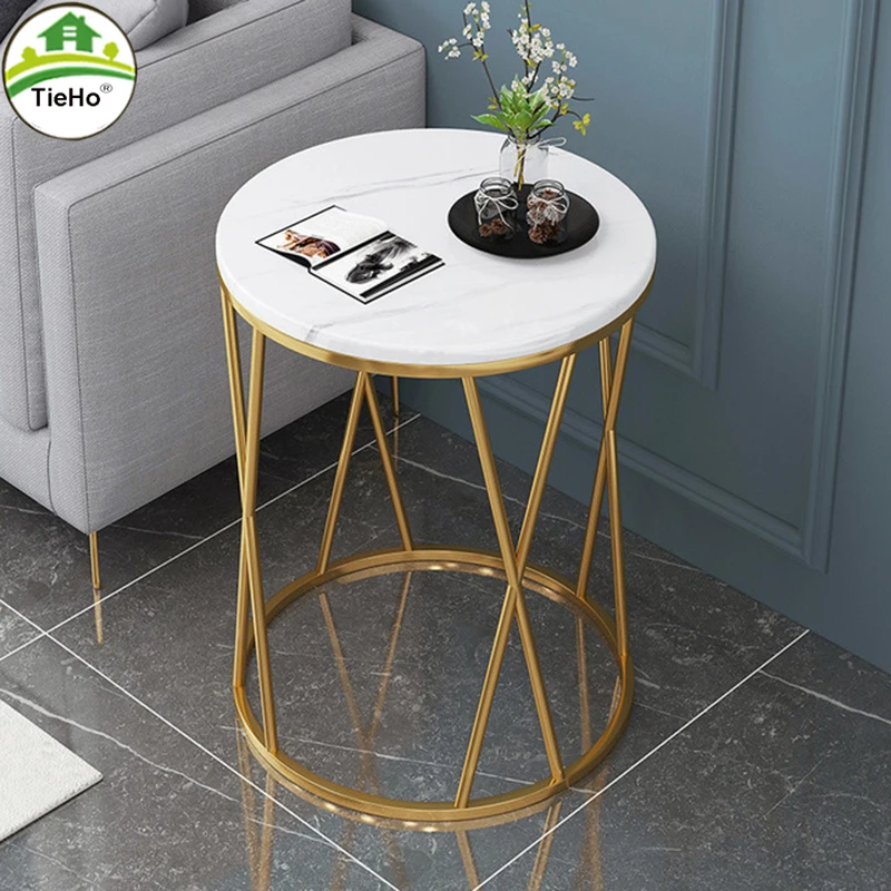 

TieHo Creative Round Coffee Tables Beside Sofa Table Marble Effect MDF Corner Table Living Room Small Apartment Furniture