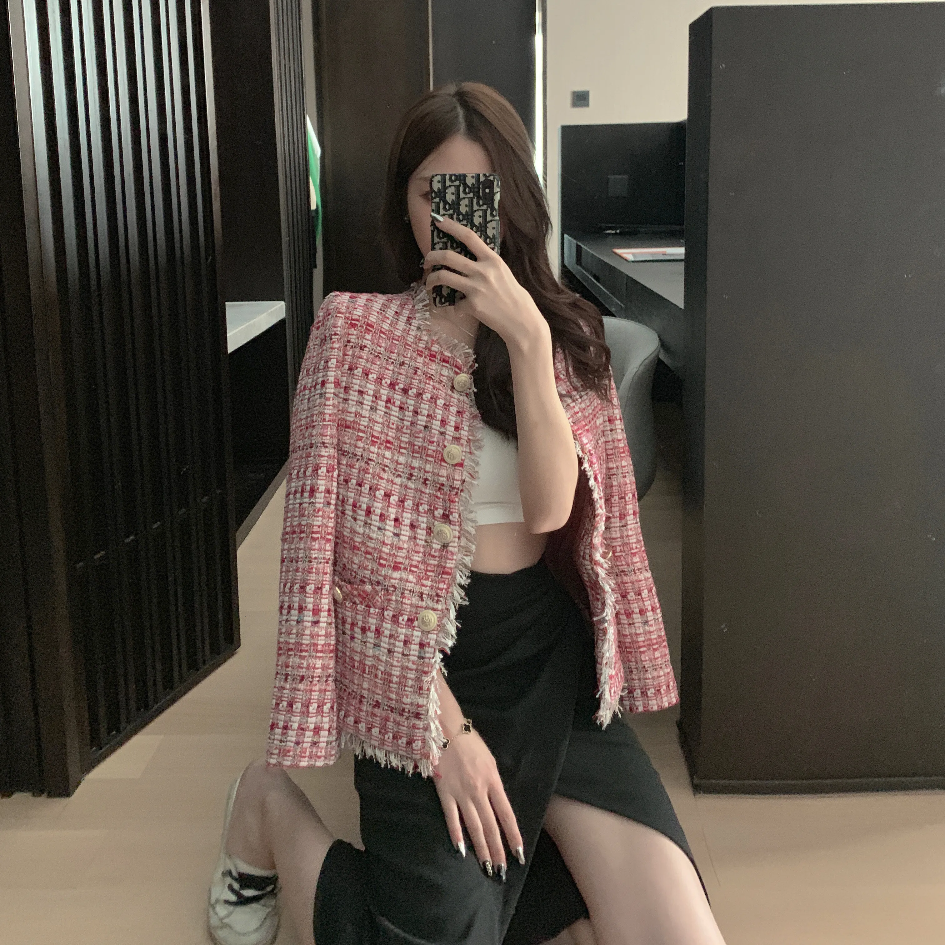 2019 осень зима маленький ароматный розовый твидовый в клетку куртка пальто