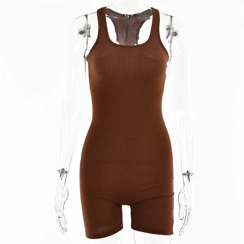 

Giyu Rib Knitted Bodycon Solid Romper For Women Sleeveless Sexy Playsuit 2021 Fashion Ladies Slim Jumpsuits Short Streetwear