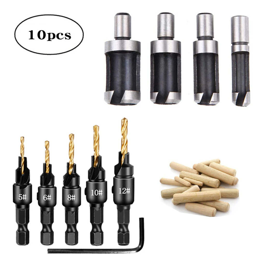 

10X 1/4 Hex Countersink Drill Bit Wood Plug Cutter Woodworking Screw Holes Set