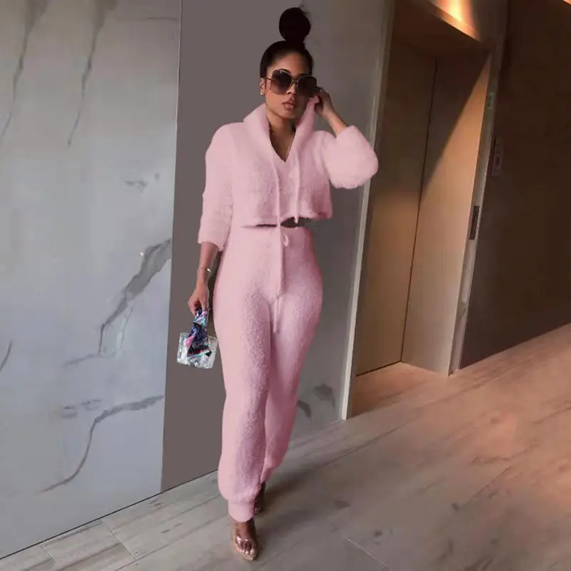 

TNNAOFF Plus Size Velvet Keep Warm two Piece Set for Women Long Sleeve Sweatshirt Hoodies Sexy Trousers Streetwear Matching Sets