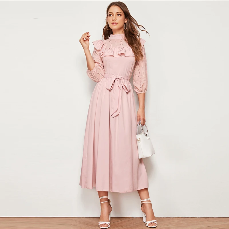 SHEIN женское платье с декоративной оборкой и поясом, весенне-осеннее длинное платье, приталенное и расклешенное ТРАПЕЦИЕВИДНОЕ элегантное платье в стиле ампир
