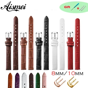 Тонкий ремешок для часов, из натуральной кожи, с металлической пряжкой под розовое золото, 8 мм, 10 мм