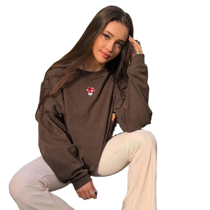 

Brown Embroidery Plus Size O Neck Sweatshirt Women Vintage Pullover Brand Design Streetwear Loose Long Sleeve Fashion Clothes