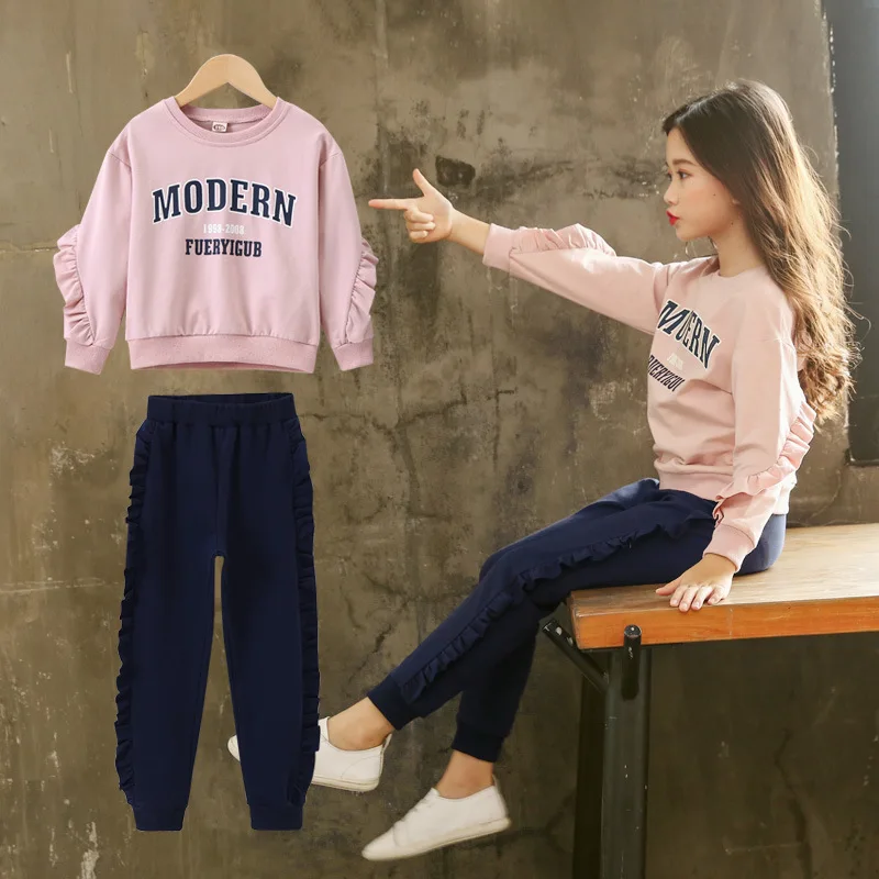 

Teenager Girls Suits Little Girls Active Sets 2PCS Letter Print Petal Sleeve Sweatshirt +Solid Pants Girl Outfits