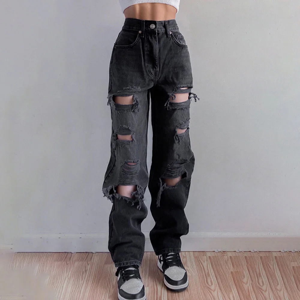 

2021 Women's New Autumn Jeans Fashion Trend Street Style Solid Color Holes Wear-resistant Waist Slimming Straight Loose Pants