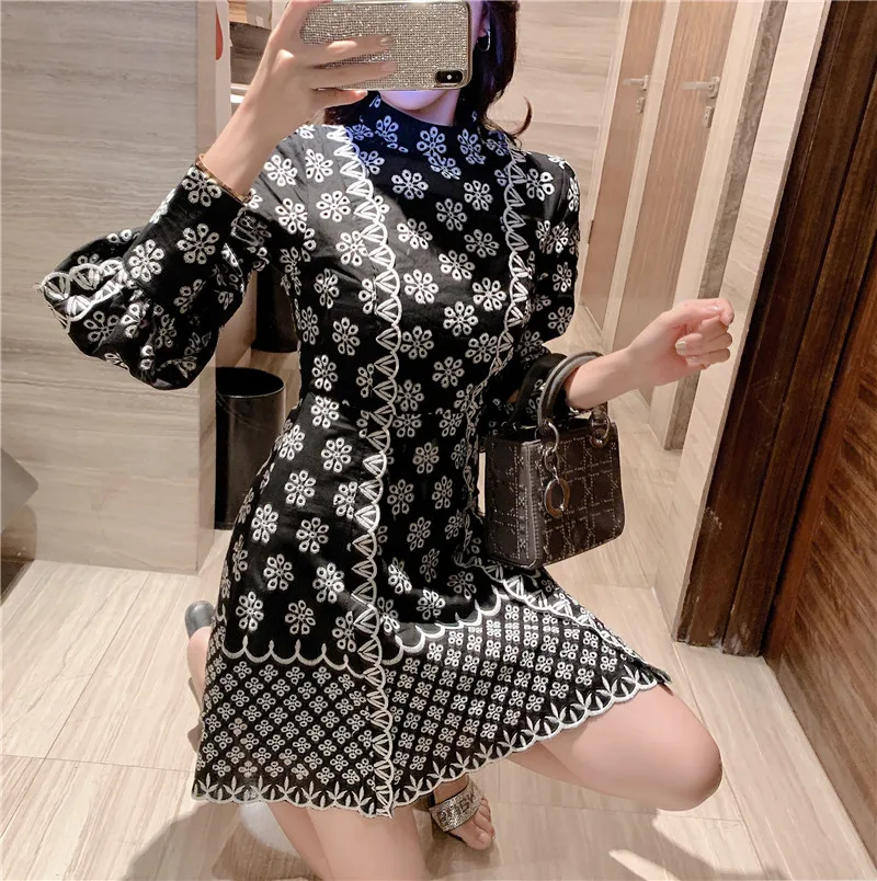 Vintage Print Snowflake Floral Women Lantern Long Sleeve Slim Mini Dress 2020 Autumn Ladies Runway Big Sizes Dresses Vestidos | Женская