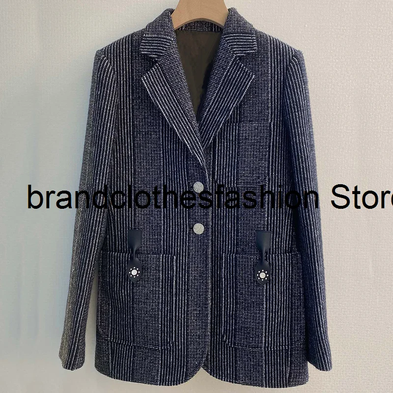 

Vintage Fashion Gray Striped Tweed Suit Blazer Women High Quality Buttons Leather Purl Trim Notched Coat Lady 2021 Autumn Winter