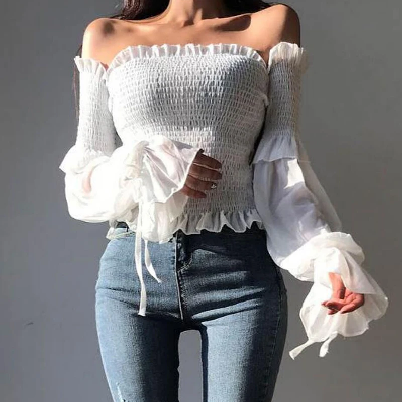 

Color Pleated Bow Fashion Women Ladies Long Sleeve Off Shoulder Cropped Tops Blouse Shirt Lace 2021