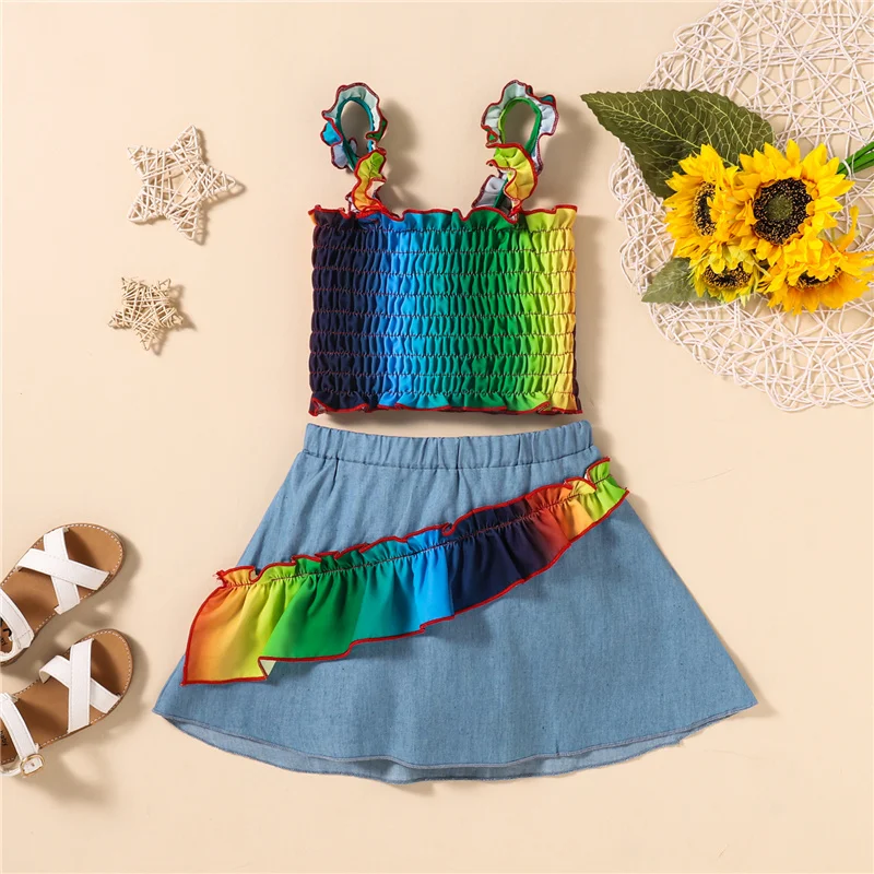 

Girl’s Summer Two Piece Set Fashion Rainbow Ruffles Camisole and Stitching Denim Short Skirt