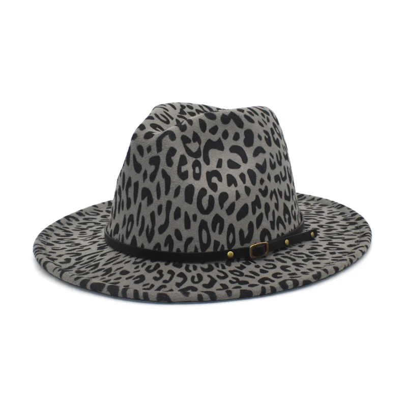 

Women's Flat Brim Wool Felt Jazz Fedora Hat Men's Women's Leopard Print Leather Band Decoration Trilby Panama Hat F97