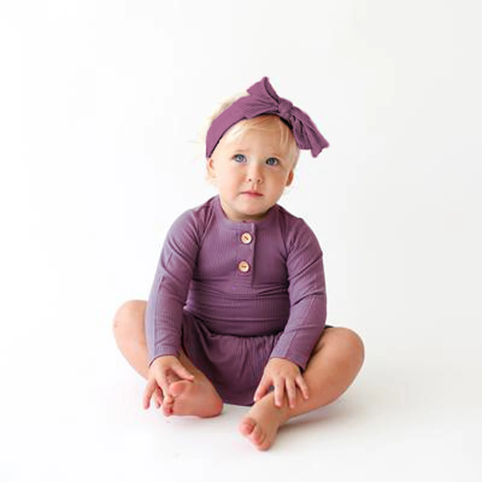 

Girl's Solid Color Romper Dress Set, Long Sleeve Skirt Hem Triangle Crotch Knitted Dress with Bow Headband