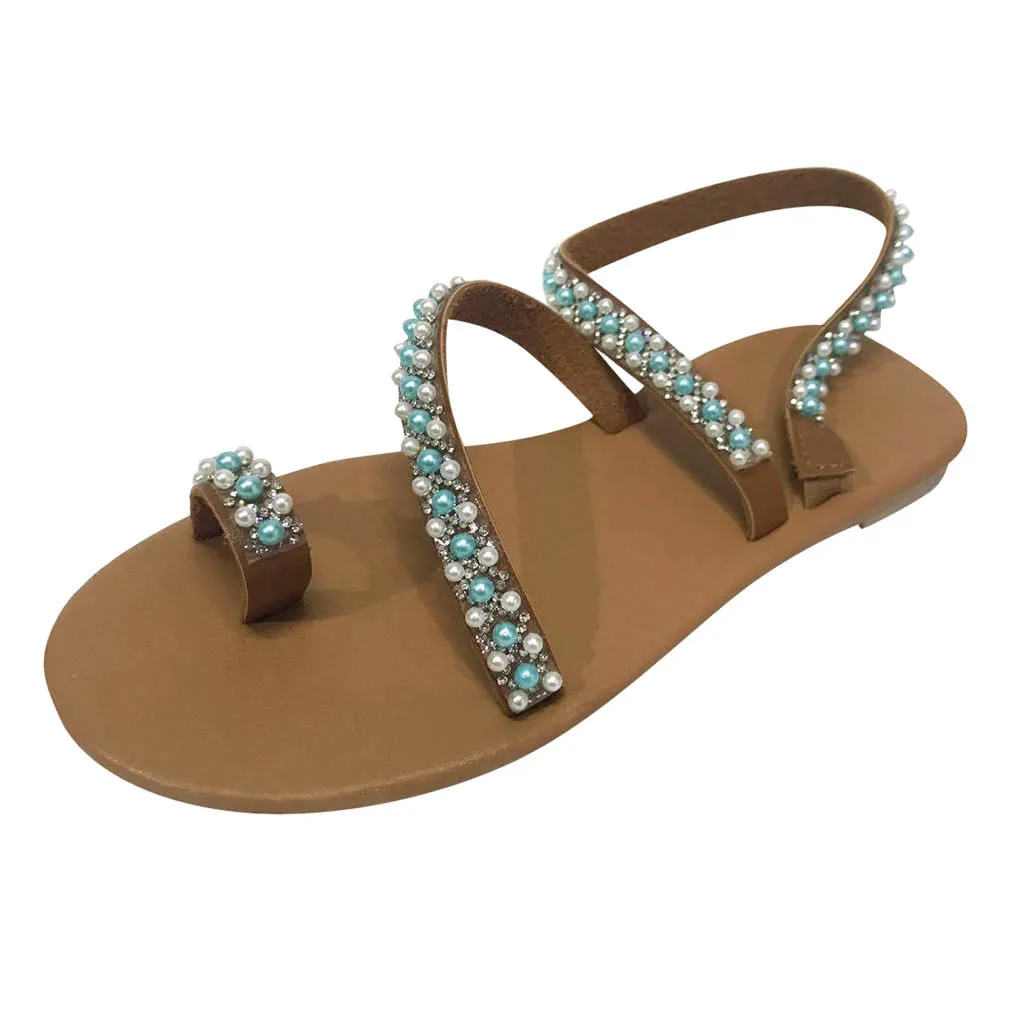 Женские сандалии в римском стиле с жемчугом и ремешками Босоножки без застежки
