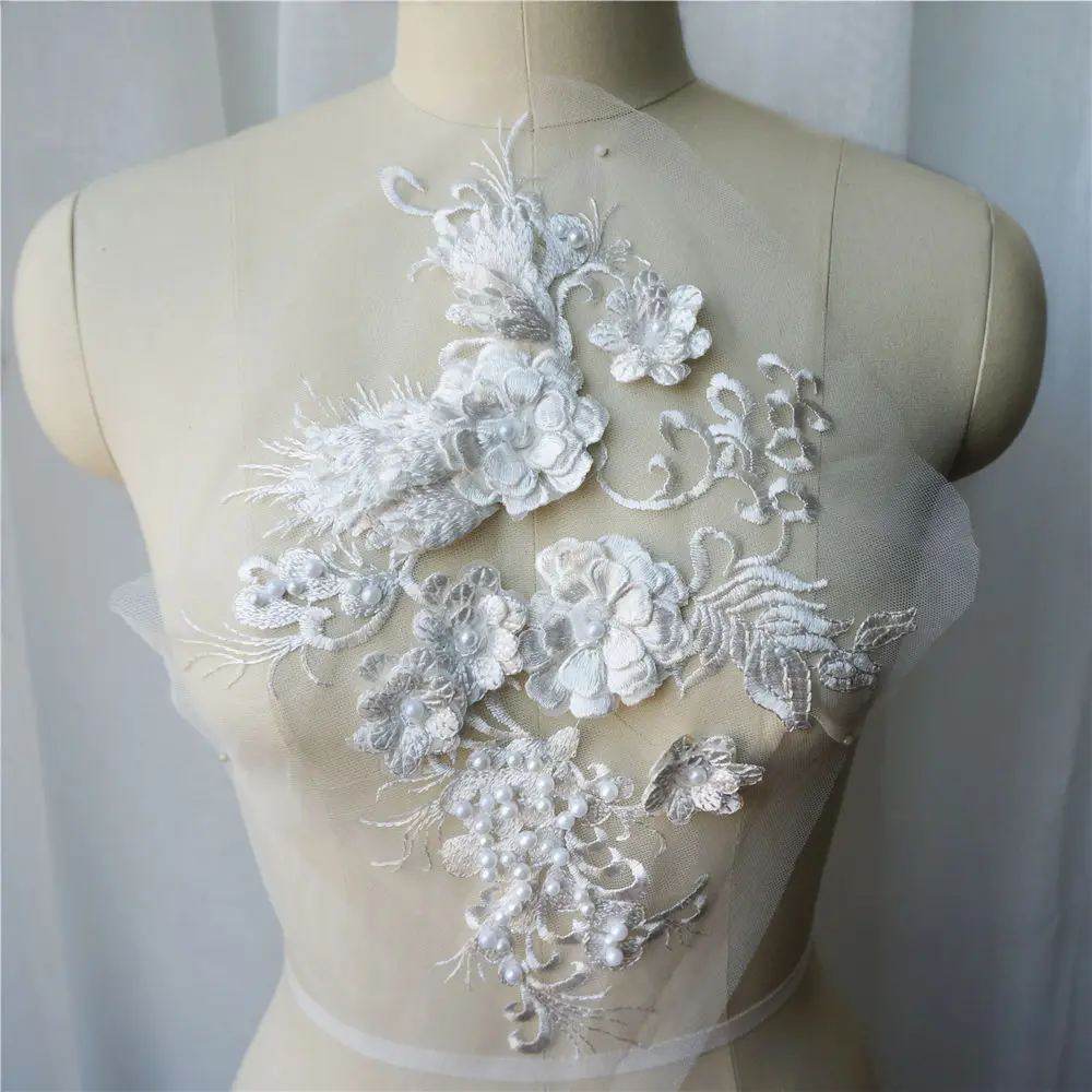 Вышитый белый цветок кружевной ткани с бусинами Аппликации отделка воротника