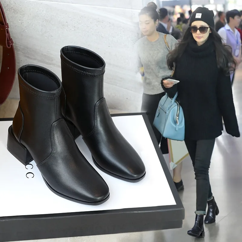 

Suede Boots Women Short Boots Thick Heel Suede PU Square Low Tube Solid Color Waterproof and Nonslip Skinny Boots