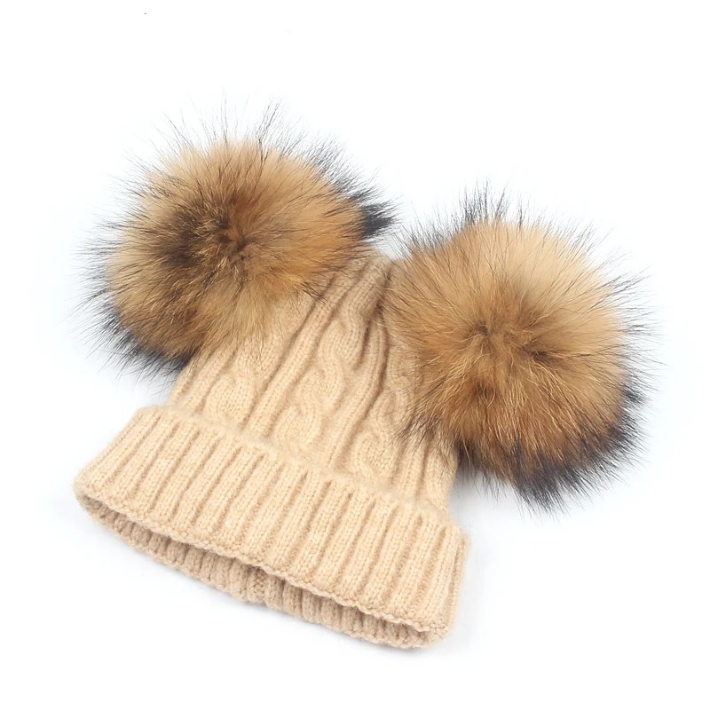 Winter Kids Hat Real Fur Warm Cute Casual Baby Boys Girls Caps Children 2 Pompom Ball For 6M-3Year Hats | Детская одежда и обувь