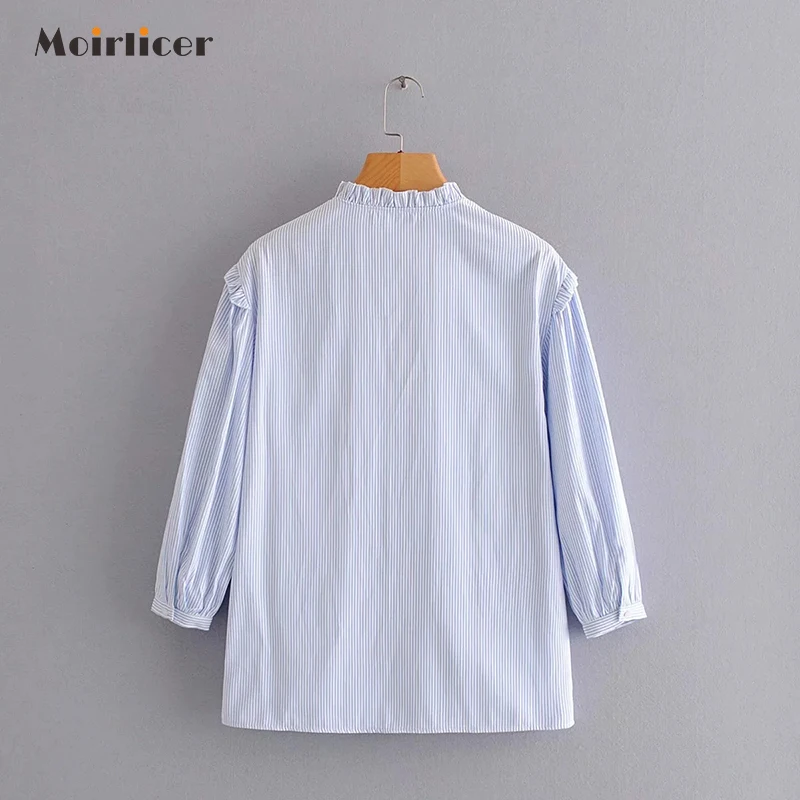 2020 Женская милая свободная полосатая блузка с рукавом три четверти и v образным