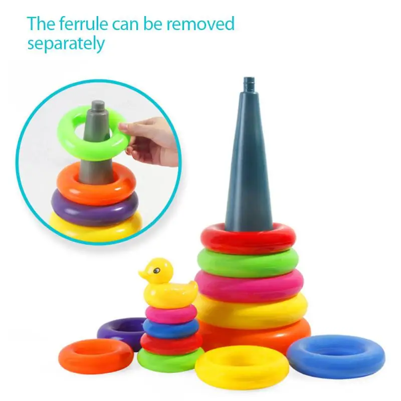 

Baby Rainbow Rings Tower Little Duck Stacked Circles Soft Elastic Safe Early Childhood Puzzle Toddler Interactive Stacking Toys