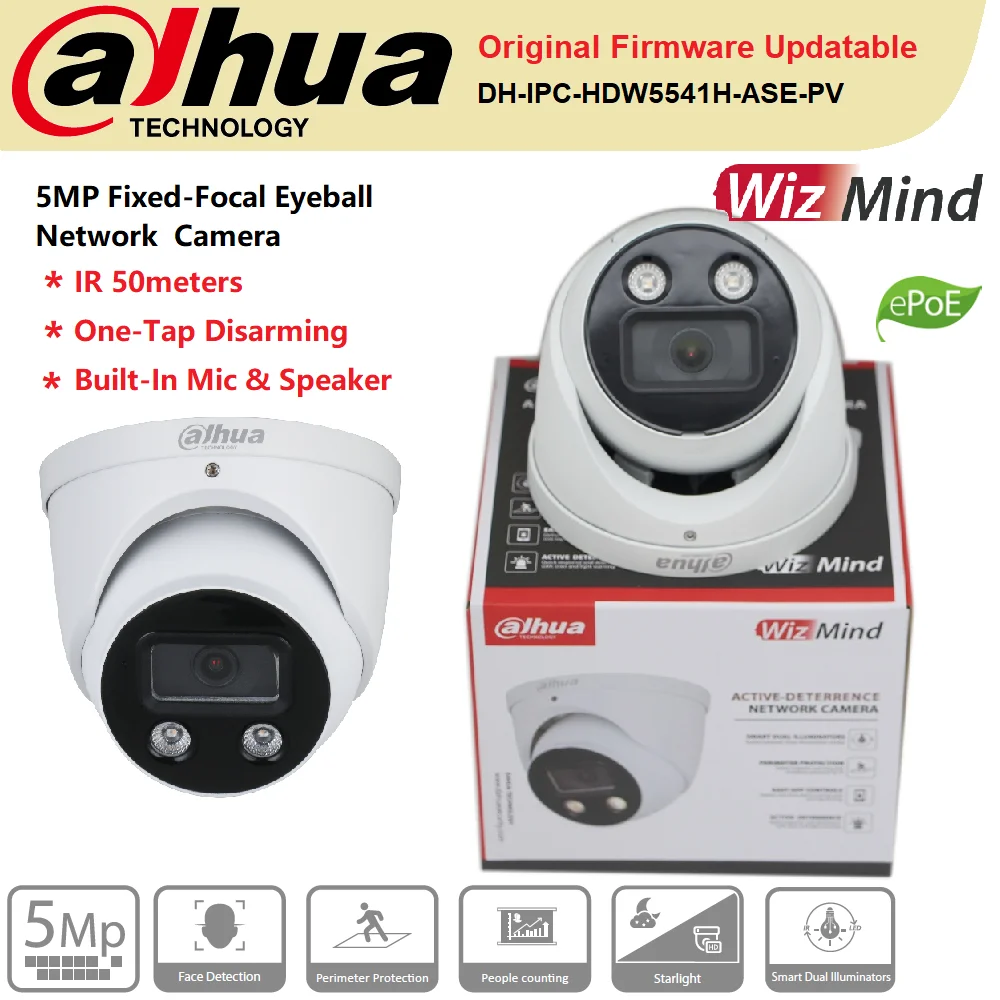 

IP Camera Dahua 5MP IPC-HDW5541H-ASE-PV Eyeball WizMind Network ePoE Built-in Mic/Speaker People Counting Face Detection Origin