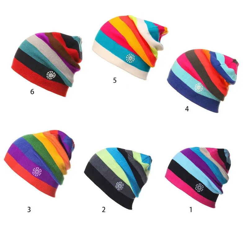 

Women Men Winter Knitted Ski Beanie Hat Rainbow Contrast Color Striped Baggy Slouchy Cap for Outdoor Hip Hop Hiking