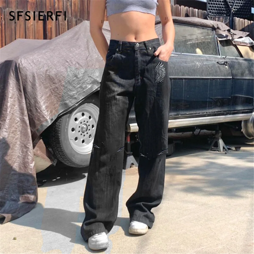 

SFSIERFI Vanishing Wings y2k Jeans Street Hipster Low Rise Jeans Baggy Korean Straight Leg Pants Aesthetic Jean Trousers Fall Cl