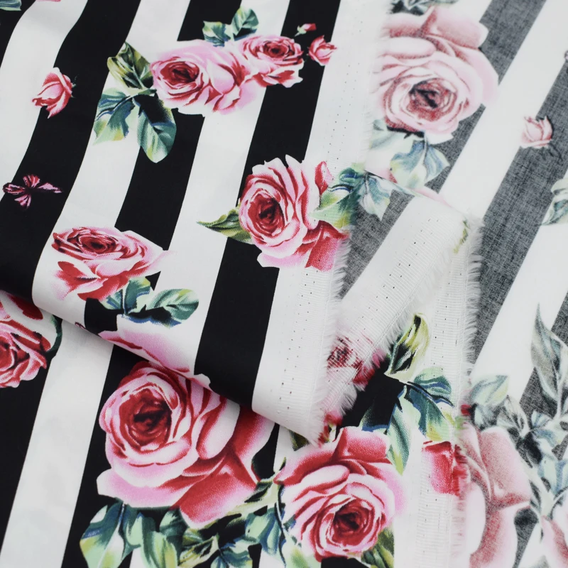 Soft Black and White Striped Rose Butterfly Printed Cotton Stretch Fabric for Dress Shirts by the Meter | Дом и сад