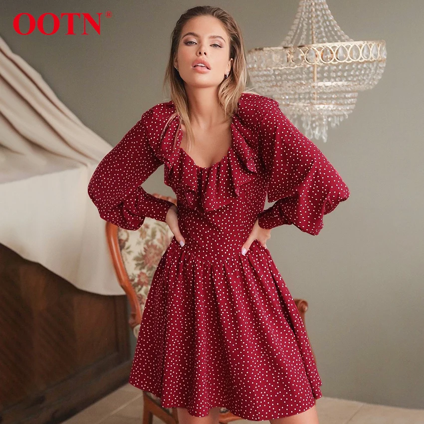 

OOTN Vintage Polka Dot Dress Women Sexy Ruffles Lantern Sleeve Bodycon Dresses 2022 Autumn Casual Square Collar A-Line Robe