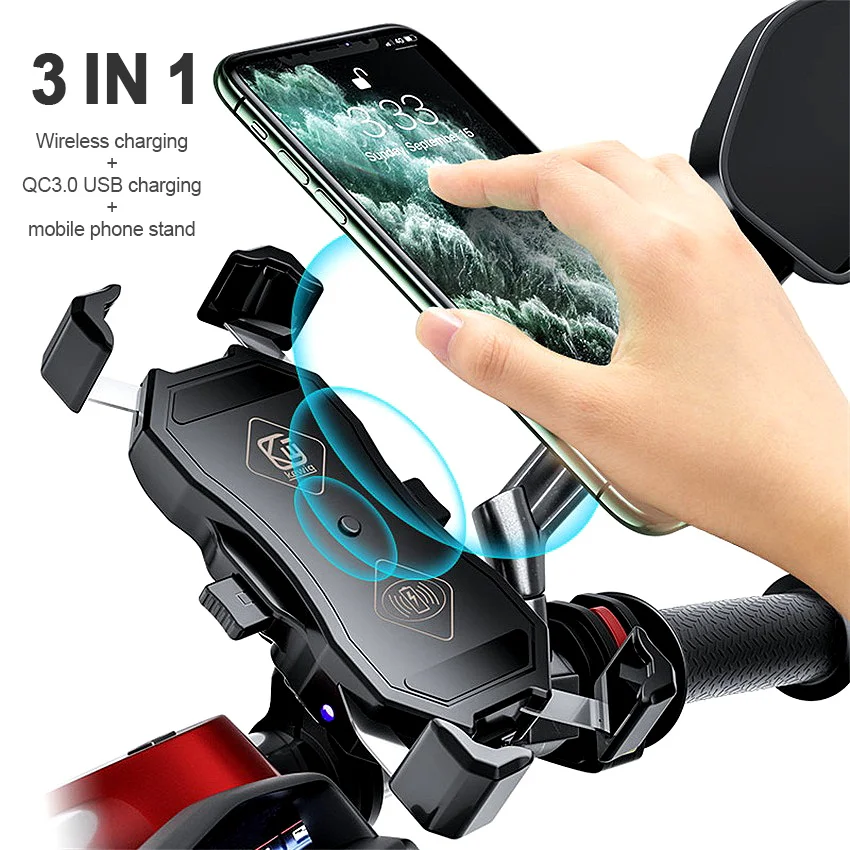 

15W Motorcycle Phone Holder Wireless Smart Charger QC3.0 Wire Charing 2 in 1 Semiautomatic Stand 360 Degree Rotation Bracket