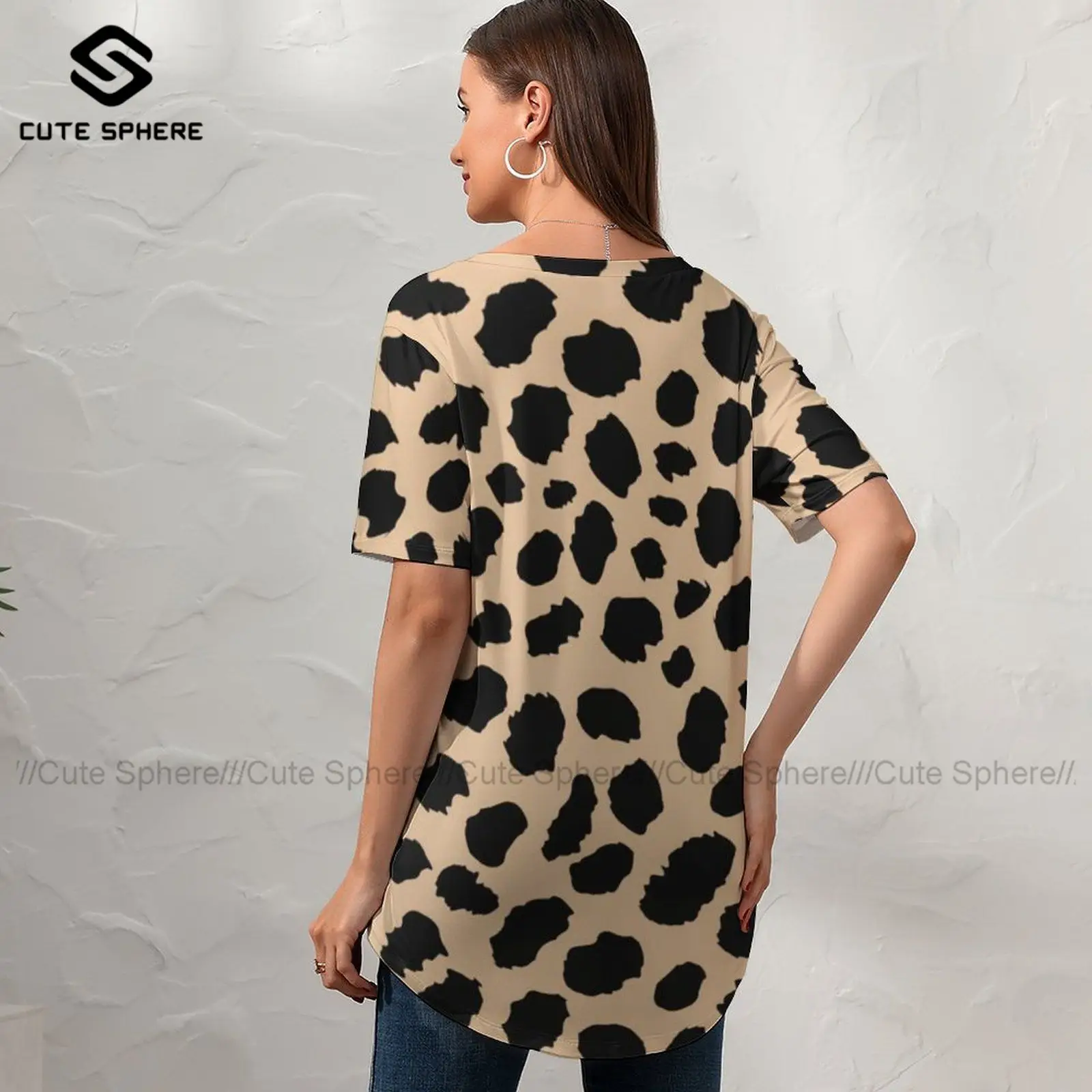 

Leopard T Shirt Street Wear Print Women Kawaii T-Shirt Short-Sleeve V Neck Tee Shirt Large Size