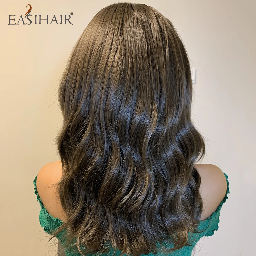 EASIHAIR Shoulder Length Synthetic Wave Wig with Bang Dark Brown Wavy Curly Hair Wigs for Women Heat Resistant Daily Cosplay
