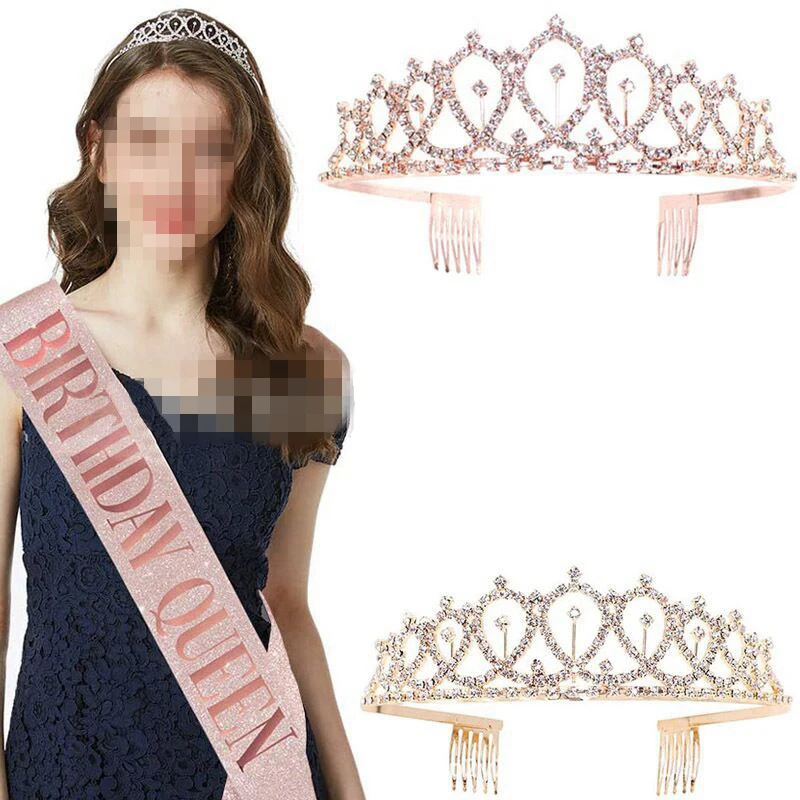 

Rhinestone Crystal Crown Bling Tiara Happy 18 21 30 40 50th Birthday Anniversary Decoration Satin Sash Party Supplies