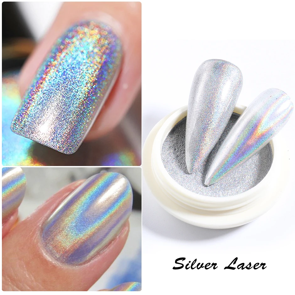 Голографические Твердые Ногти Блестящий Порошок Лазерный Серебристо-Розовый