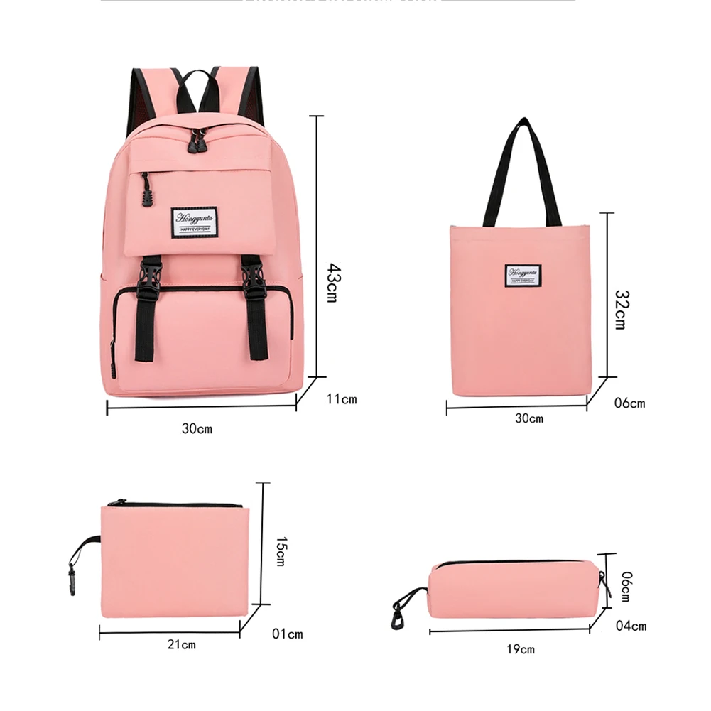 

4pcs CasualNylon Women Large Capacity Backpack College Student Shoulder Top-handle Bags Student Clutch Pen Bag Composite Set