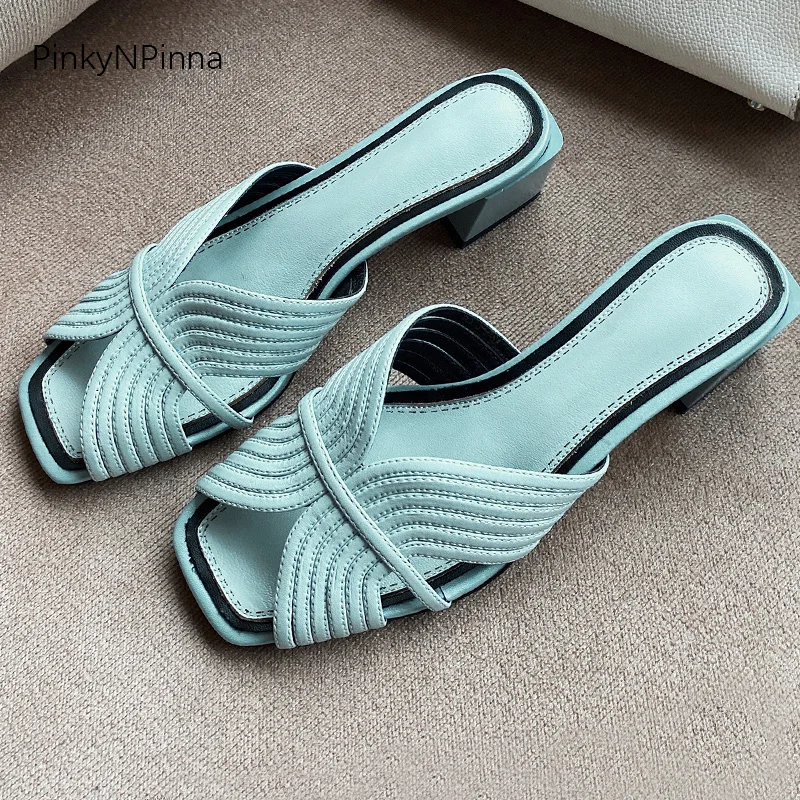 

2020 super sweet candy color women genuine leather slippers mules open toe butterfly design chunky heels summer casual shoes