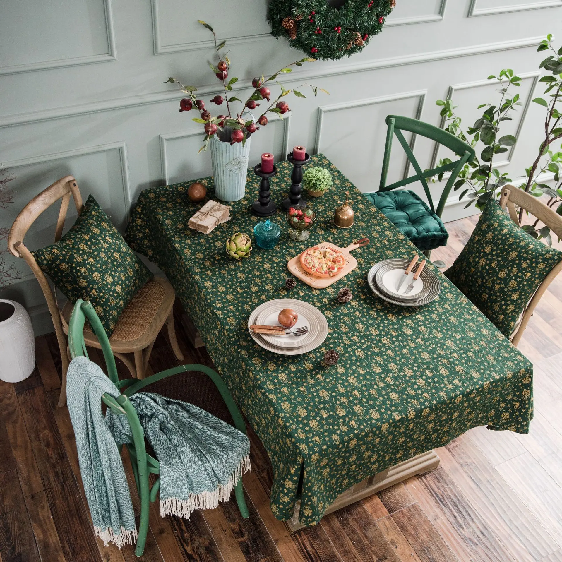 

Christmas Green Bronzing Tablecloth Wind Chimes Japanese Printing Cotton and Linen Holiday Tablecloth Cover Cloth Rectangle