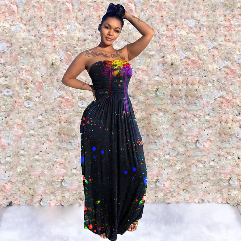 

2021 High Waist Backless Strapless Splash Ink Print Long Dress Sexy Tight Club Party Ladies Bandage Dresses Vestidos Beach Dress