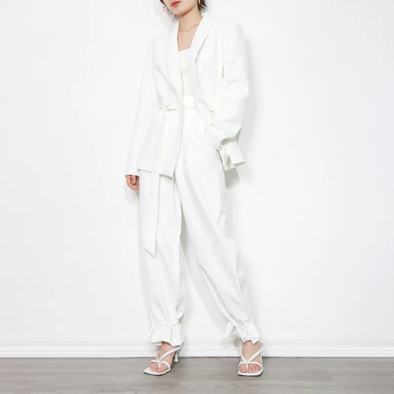 

White Pant Suits Temperament 2021 Fall New Fashion High Waist Wide Leg Pants Two Piece Suit for Women Donsignet