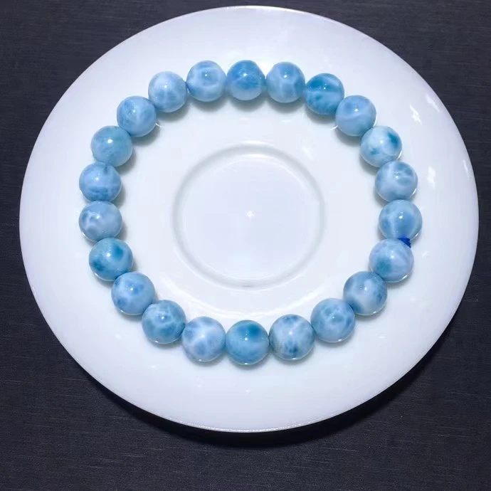 Dominia Natural Blue Larimar Gemstone Bracelet Women 9.1mm Rare Stretch Round Beads Bracelet Water Pattern Jewelry AAAAAA