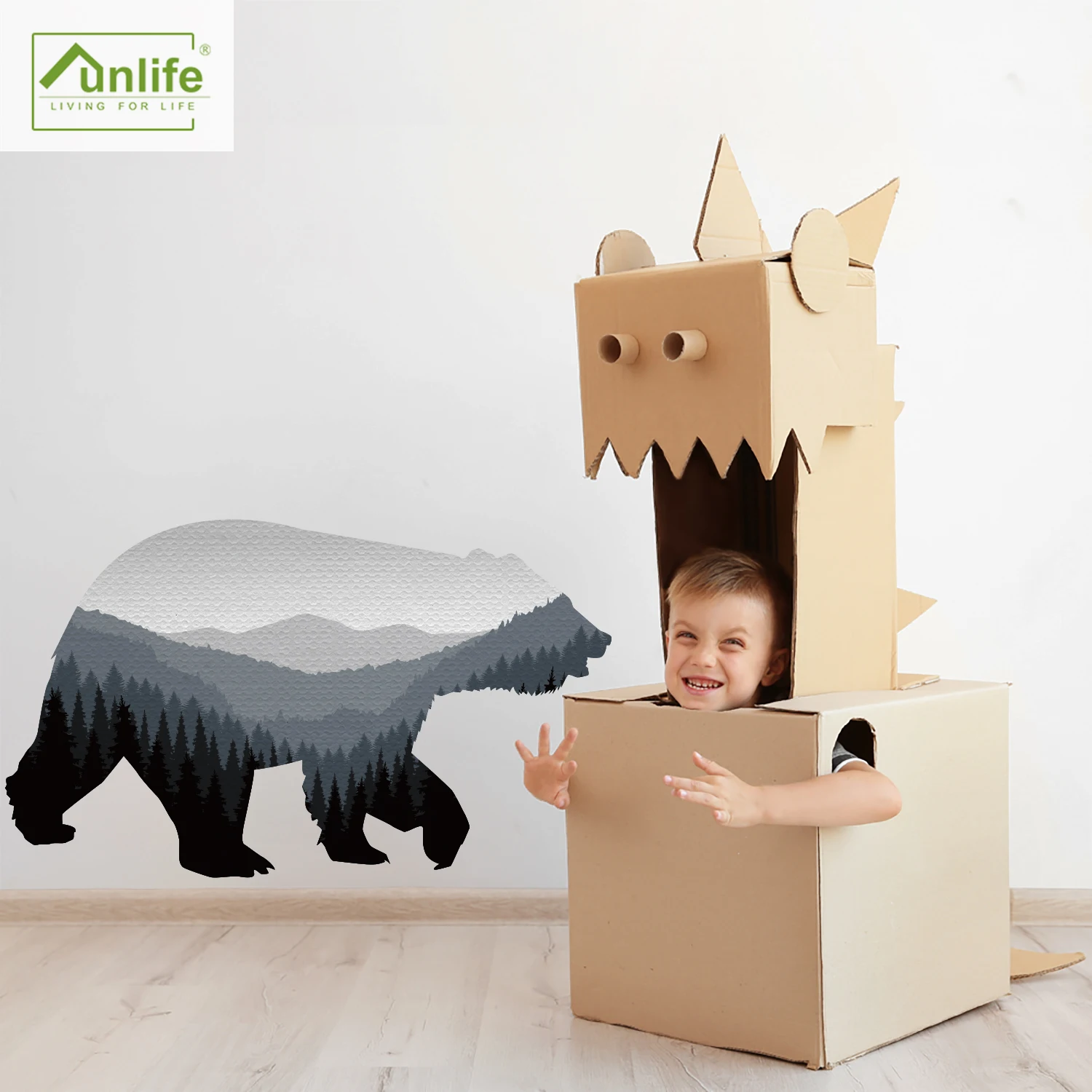 Cartoon Grey Bear Mountain Landscape Wall Stickers for Kids Room Baby Nursery Boys Room Home Decor Self-Adhesive Fabric Mural