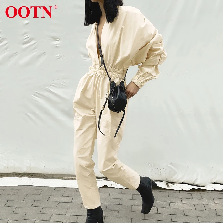 OOTN Women's V neck High Waist jumpsuits Straight Elastic women rompers Lantern Sleeve sexy Street bodysuit | Женская одежда